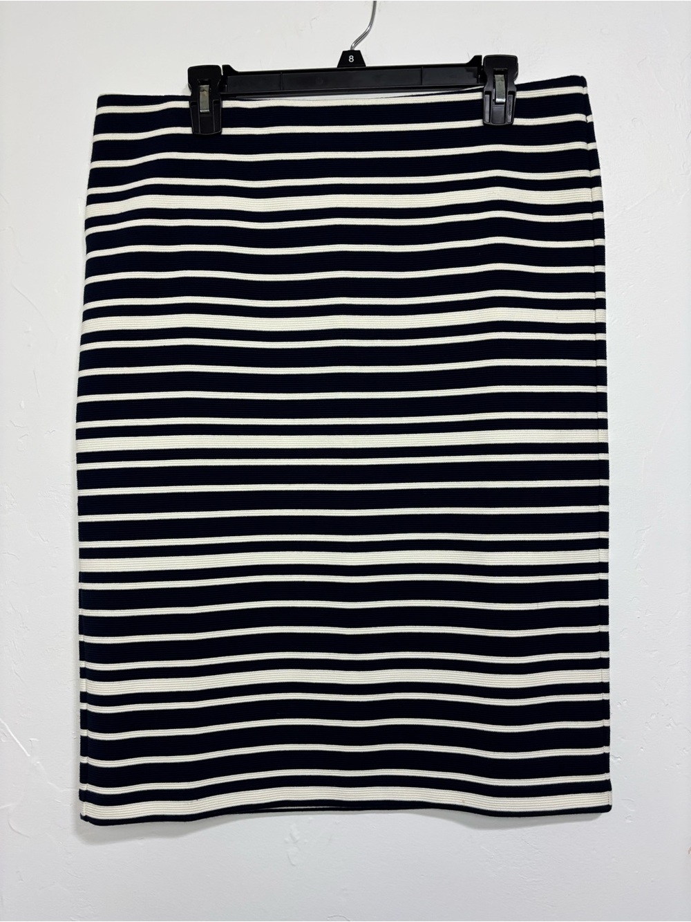 LOFT Women's Large Navy White Striped Knit Stretch Pencil Knee Skirt Pull On